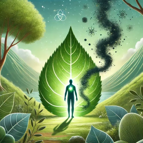 DALL·E 2024-08-06 22.04.54 - Illustration depicting detoxification and removal of disease-causing agents_ A serene, green landscape with a person standing in the center, surrounde