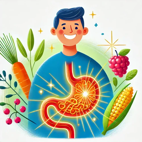 DALL·E 2024-08-06 22.04.55 - Illustration of strengthening the digestive system_ A happy, healthy person with a radiant smile, holding their stomach. Inside the stomach area, ther